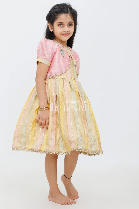 Pink and Gold Semi-Organza Frock for Girls with Embroidered Blouse Drape Neck Blouse