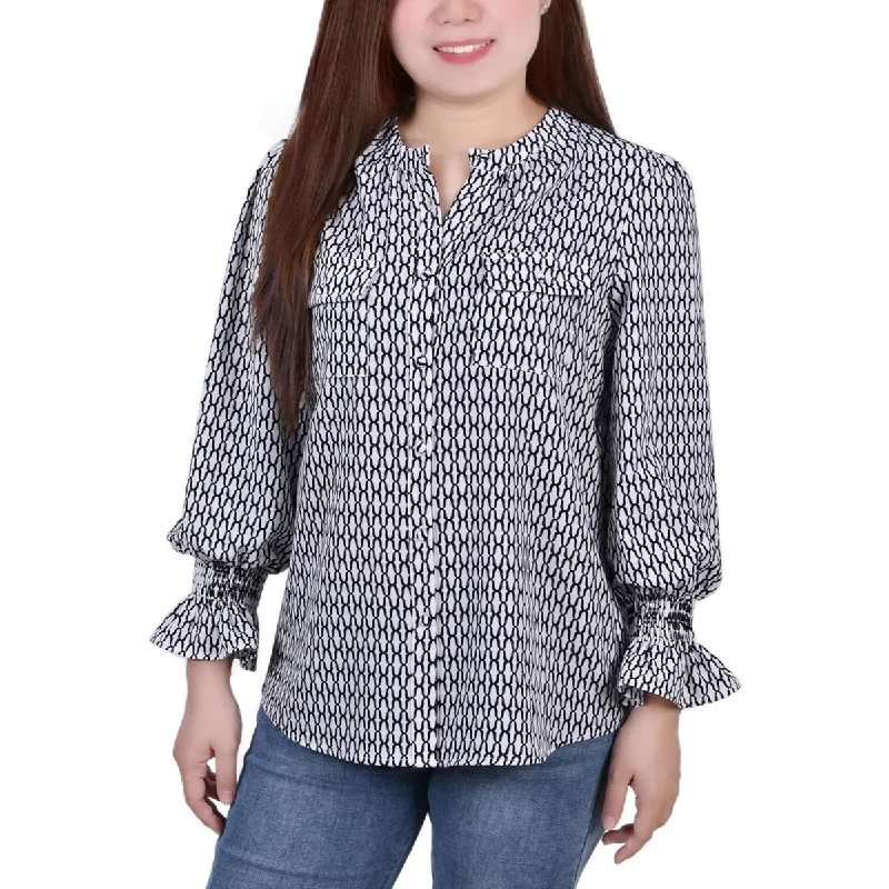 NY Collection Womens Petites Button Down Crew Neck Blouse Delicate Bow Blouse