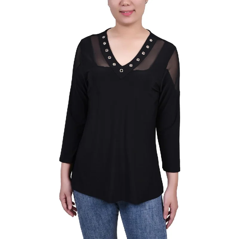 NY Collection Womens Petites Embellished V-Neck Blouse Drape Neck Blouse