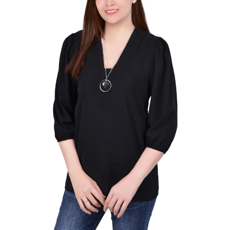 NY Collection Womens Petites Knit V-Neck Blouse Elegant Embroidery Blouse