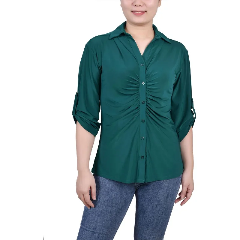 NY Collection Womens Petites Ruched-Front Button Down Blouse Sheer Mesh Blouse