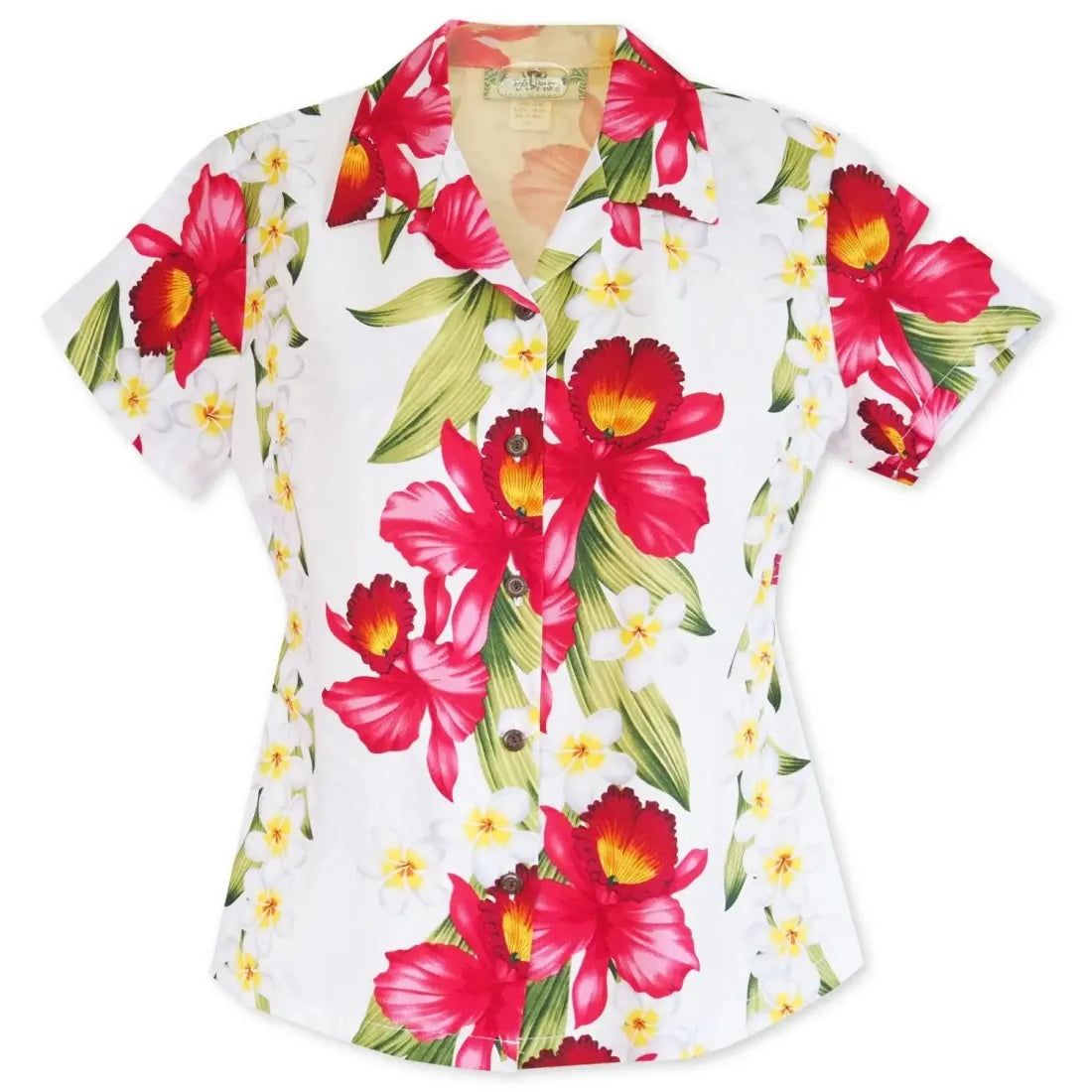 Orchid Play White Lady's Hawaiian Rayon Blouse Puff Sleeve Blouse