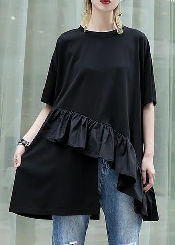 Organic black cotton Blouse rrffles hem oversized summer tops Loose Oversized Blouse