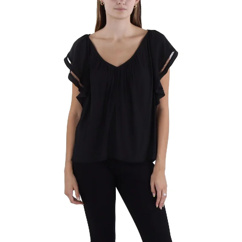 Ramy Brook Womens Mesh Gathered Blouse Sheer Sleeve Blouse