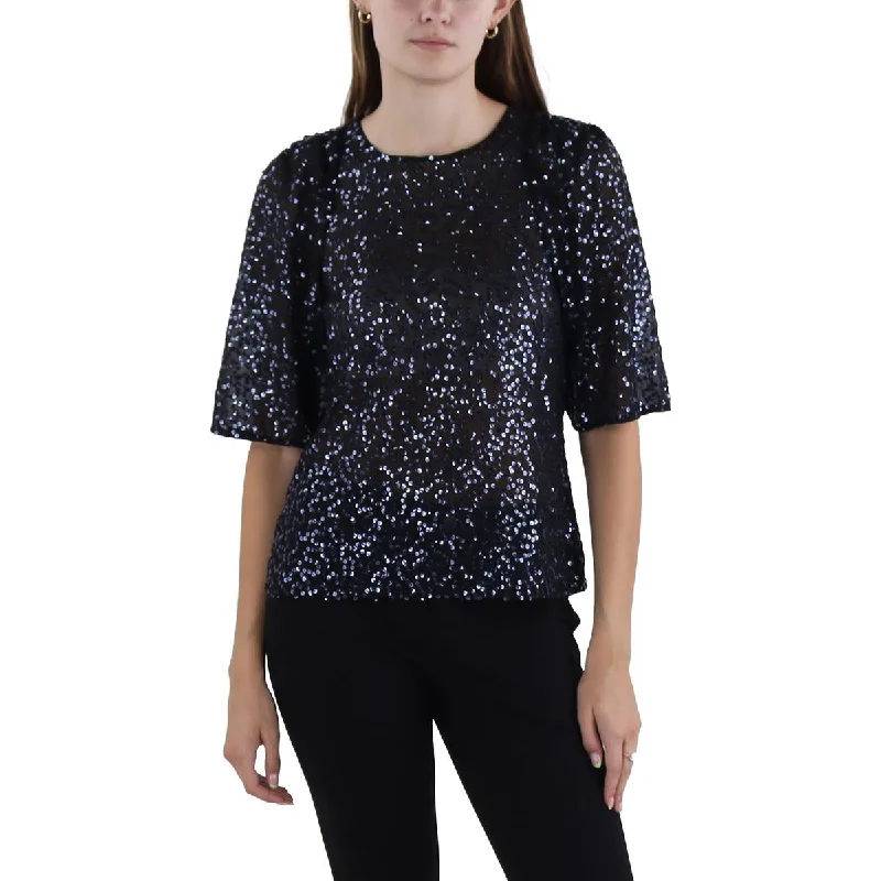 Rebecca Taylor Womens Cleo Sequined Ruched Blouse Balloon Sleeve Blouse