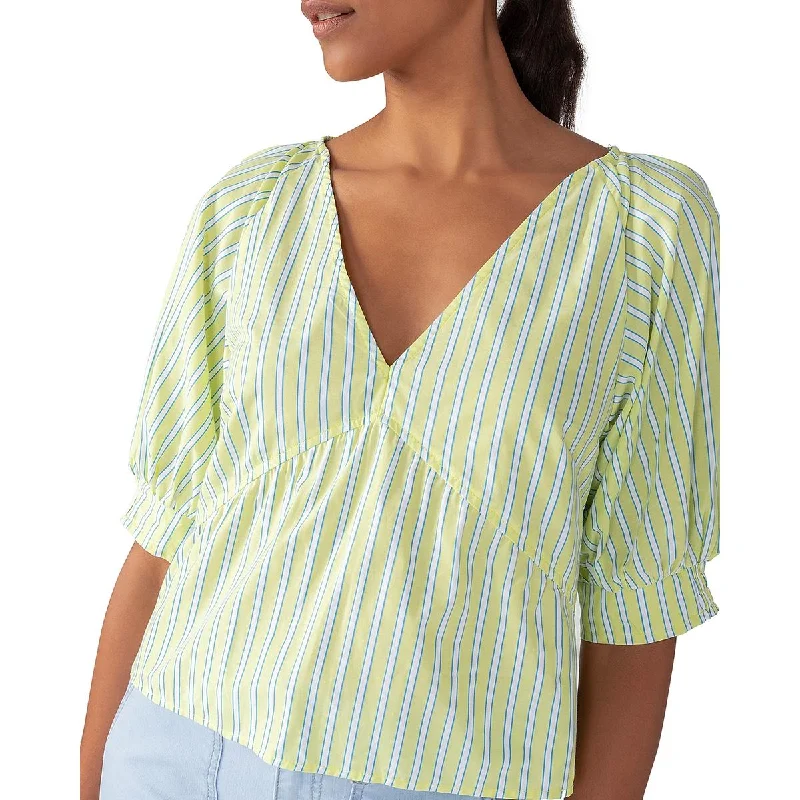 Sanctuary Womens V-Neck Striped Blouse Satin Drape Blouse