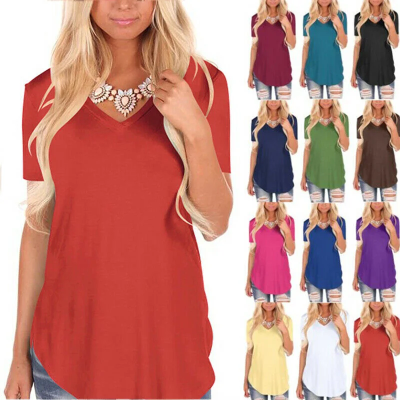 Short Sleeve V Neck Solid Blouse Sweetheart Neck Blouse