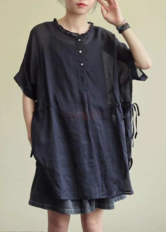 Simple black cotton tunic pattern o neck Ruffles Plus Size Clothing blouses Versatile Layering Blouse