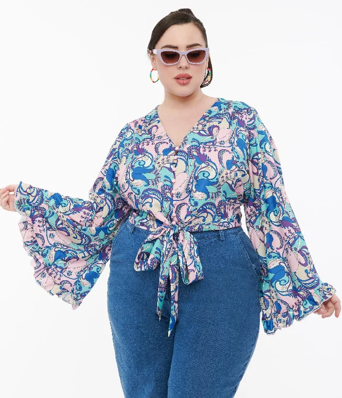 Smak Parlour Plus Size Blue & Purple Psychedelic Floral Belva Crop Blouse Pastel Color Blouse