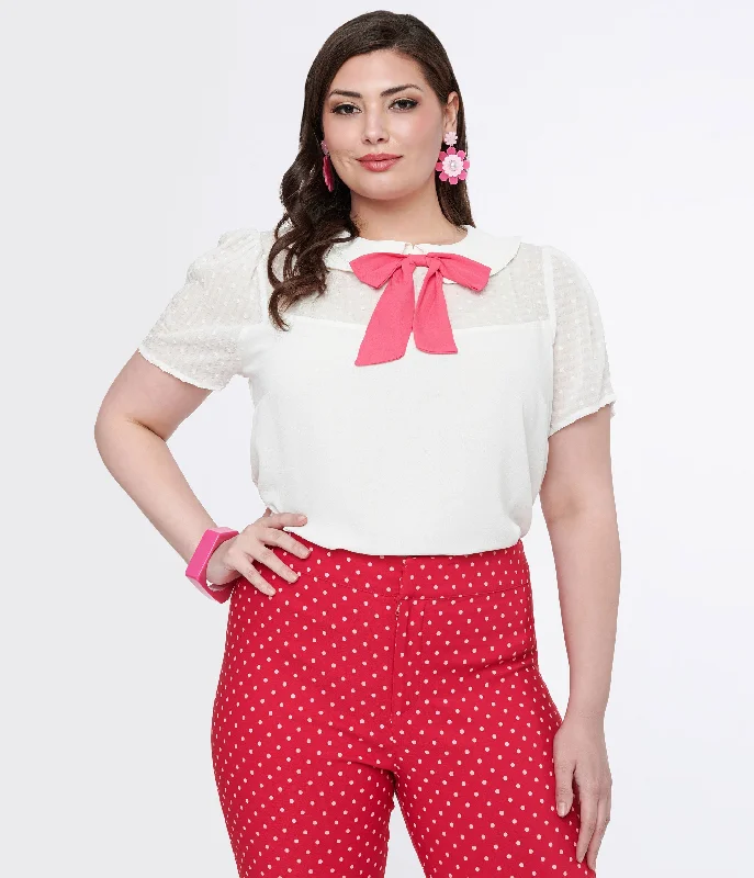 Smak Parlour Plus Size White & Pink Collared Bow Blouse Boho Printed Blouse