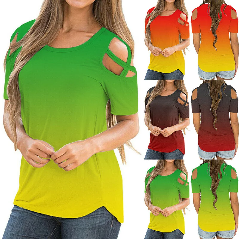 Summer Gradient O Neck Blouse Off-Shoulder Wrap Blouse