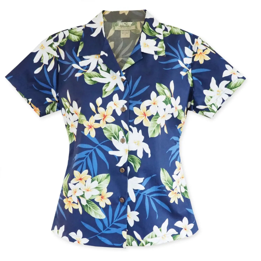 Tiare Fun Navy Lady's Hawaiian Cotton Blouse Casual Button Blouse