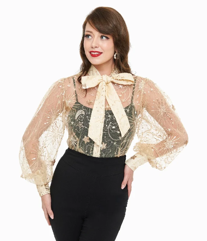 Unique Vintage Champagne Celestial Sequin Sheer Gwen Blouse Everyday Stylish Blouse