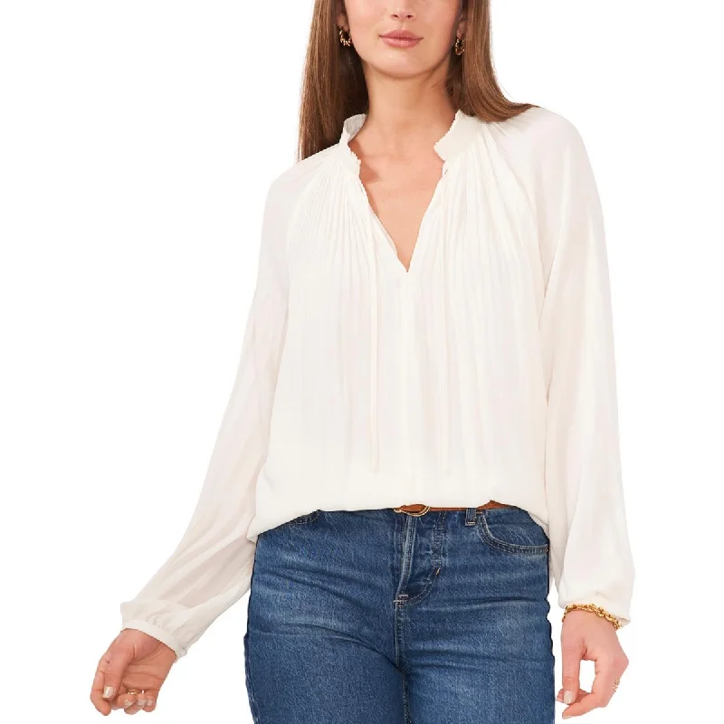 Vince Camuto Womens Shutter Pleat Tie Neck Blouse Sheer Sleeve Blouse