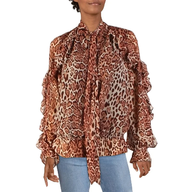 Walter Baker Womens Sophia Ruffled Animal Print Blouse Semi-Sheer Blouse