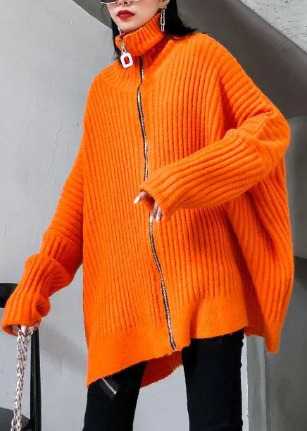 Winter orange knit tops trendy plus size high neck zippered knit blouse Polished Work Blouse