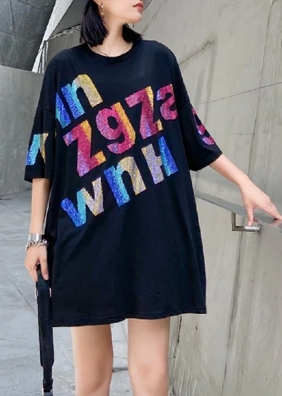 Women black Letter cotton tunic top o neck oversized blouse Textured Cotton Blouse