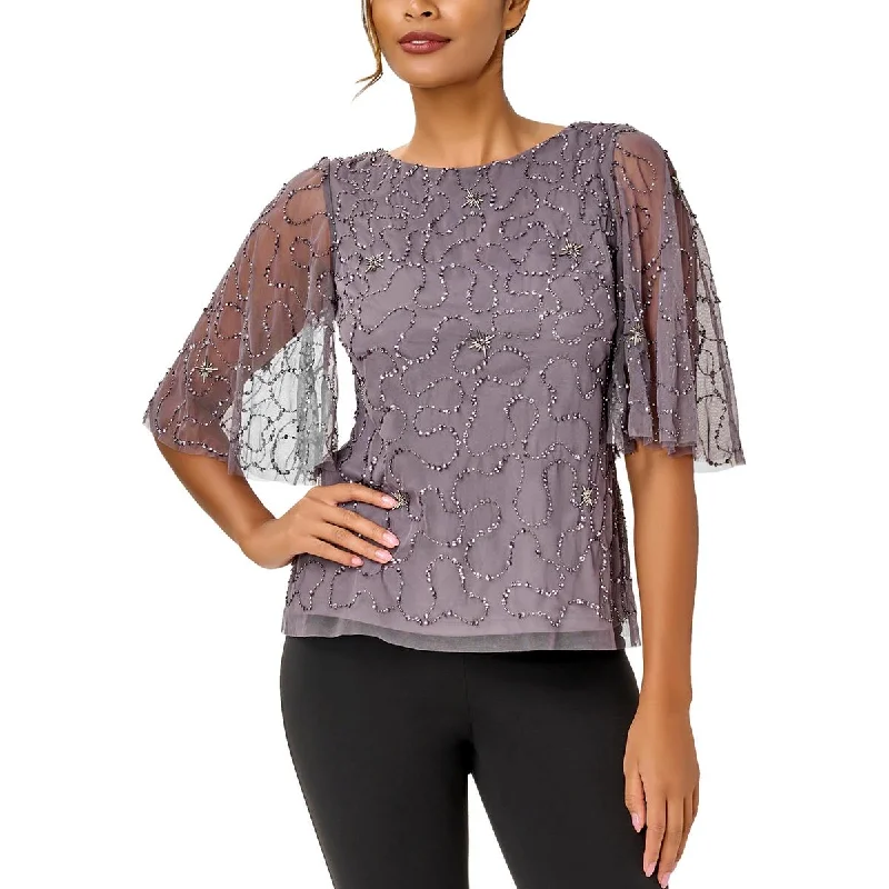 Adrianna Papell Womens Mesh Beaded Blouse Everyday Stylish Blouse