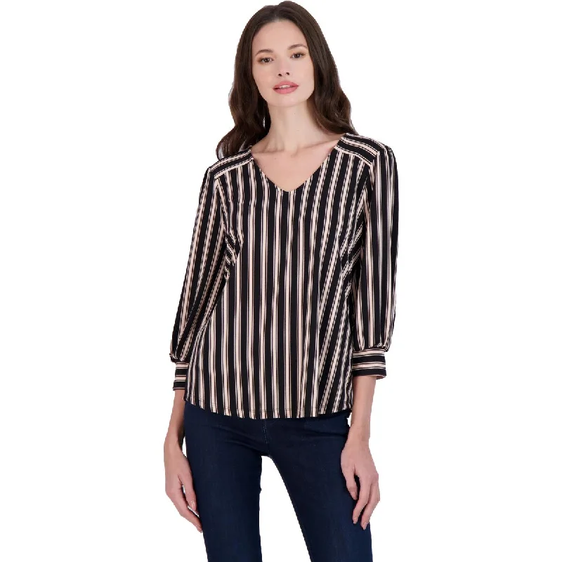 Adrianna Papell Womens Striped Three-Quarter Cuff Blouse Wrap Front Blouse