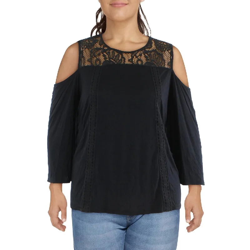 Belldini Womens Plus Lace Cold Shoulder Blouse Casual Relaxed Blouse