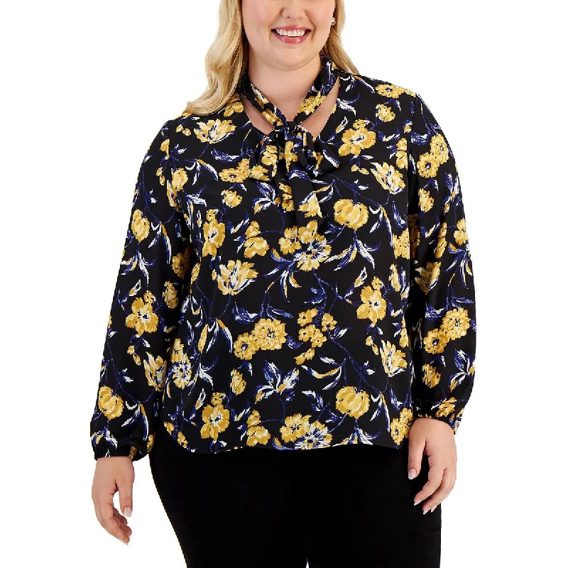 Kasper Womens Plus Floral Tie-Neck Blouse Pleated Collar Blouse