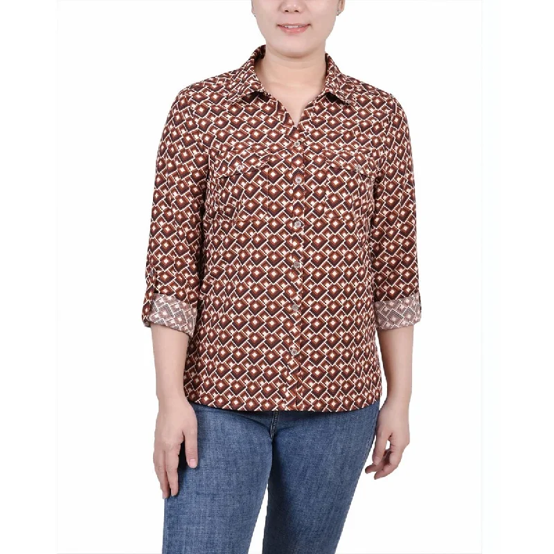 NY Collection Womens Petites V-Neck Button-Down Blouse Chic Wrap Blouse