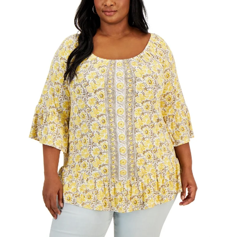 Style & Co. Womens Plus Ruffle Floral Blouse Silky Tunic Blouse