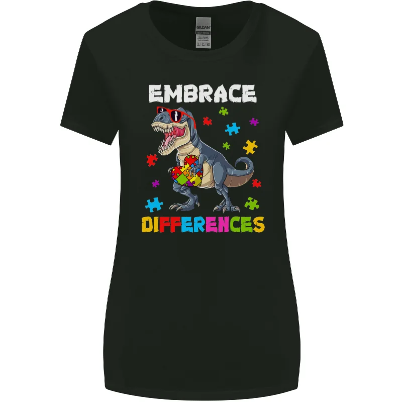 Autism T-Rex Embrace Differences Autistic Womens Wider Cut T-Shirt Notch Collar Peter Pan Collar Cowl Neck