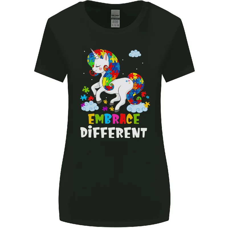 Autism Unicorn Embrace Different Autistic Womens Wider Cut T-Shirt Collared Crew Neck Turtle Neck