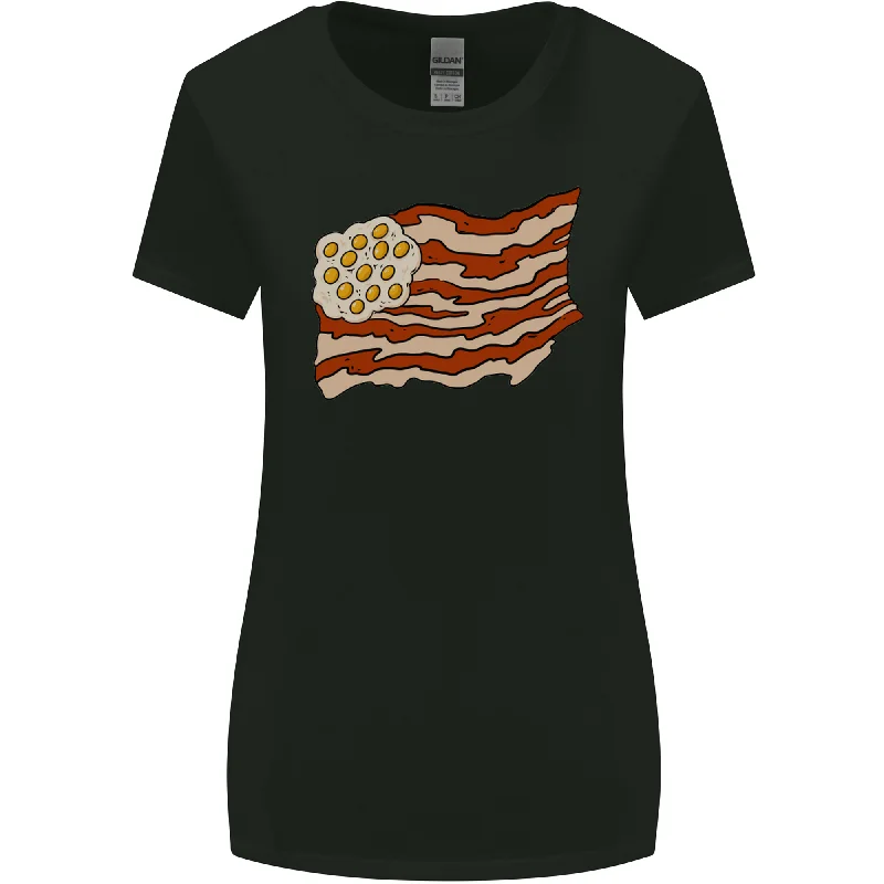 Bacon Egg Stars and Stripes Flag Funny USA Womens Wider Cut T-Shirt Embroidered Appliqued Beaded