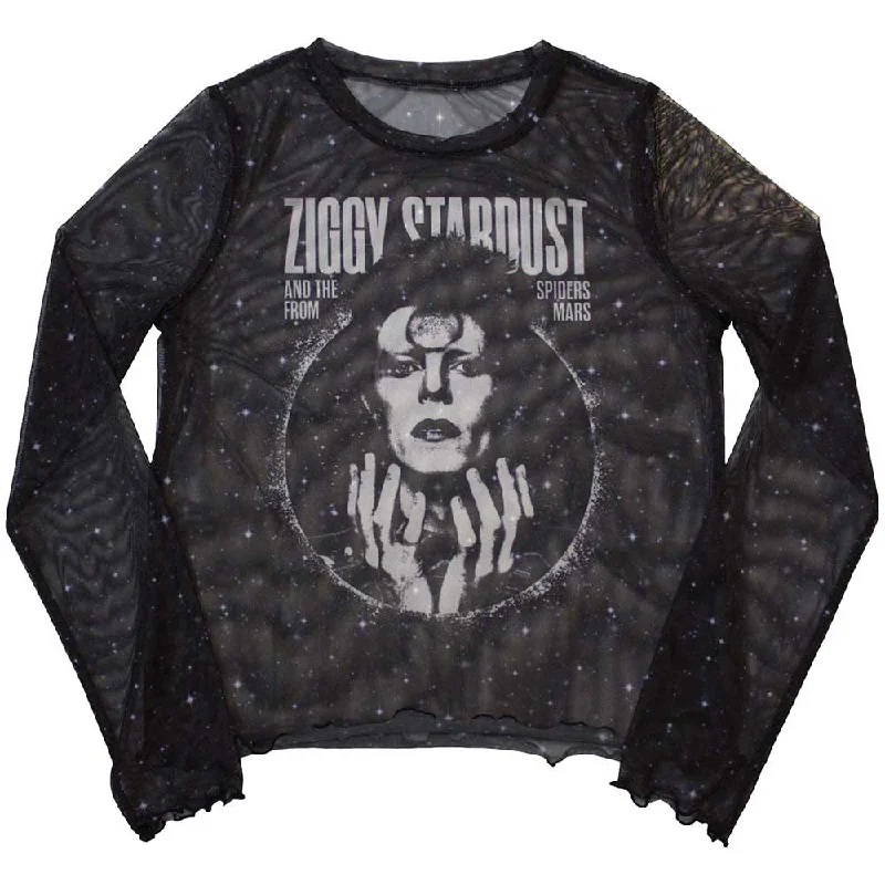 David Bowie | Ladies Long Sleeve Official Band T-Shirt | Ziggy v1 (Mesh) Fitted T-Shirt Seamless Stretchy