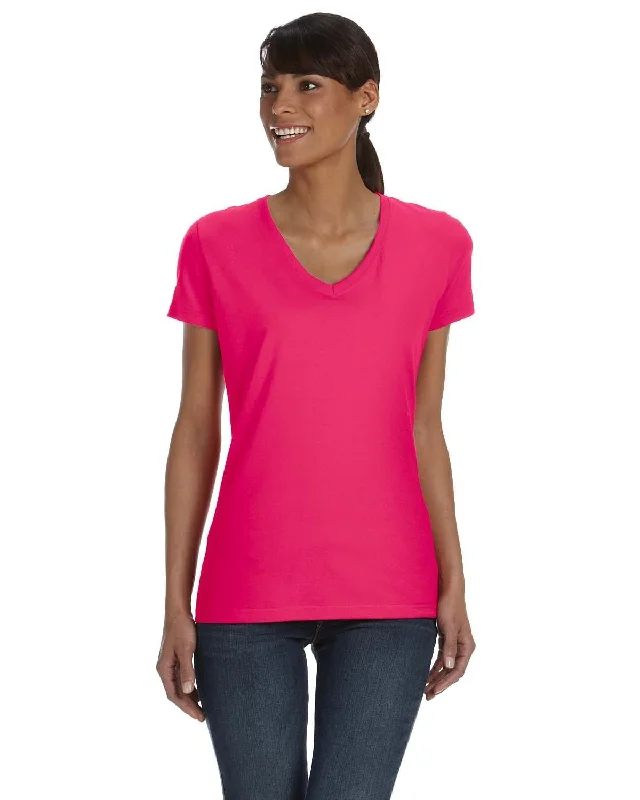 Fruit of the Loom Ladies 100% Heavy Cotton HD V-Neck T-Shirt | Cyber Pink Graphic Embroidered Appliqued