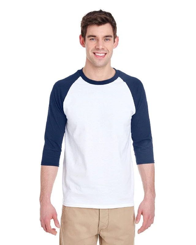 Gildan Heavy Cotton 3/4-Raglan Sleeve T-Shirt | White/ Navy Basic T-Shirt Crew Neck Short Sleeve