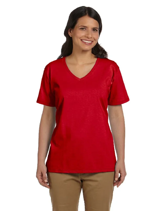 Hanes Ladies ComfortSoft V-Neck Cotton T-Shirt | Deep Red Striped Floral Plaid