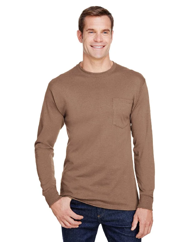 Hanes Workwear Long Sleeve Pocket T-Shirt | Army Brown Terry Blend Velvet Blend Canvas Blend