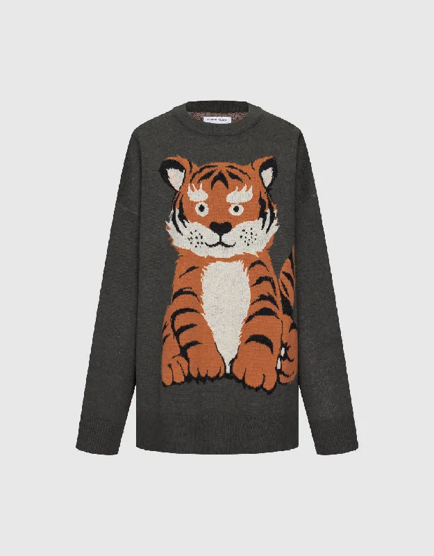 Tiger Embroidered Knitted T-Shirt Graphic T-Shirt Round Neck Polyester