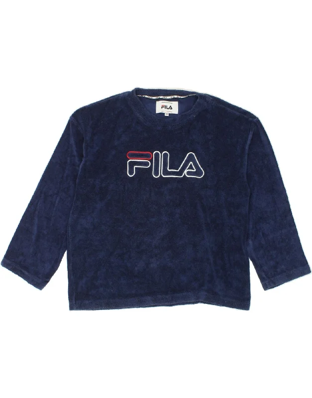 FILA Womens Oversized Graphic Fleece Jumper UK 6 XS Navy Blue Cotton Jersey Fabric Tulle Fabric Batik Fabric