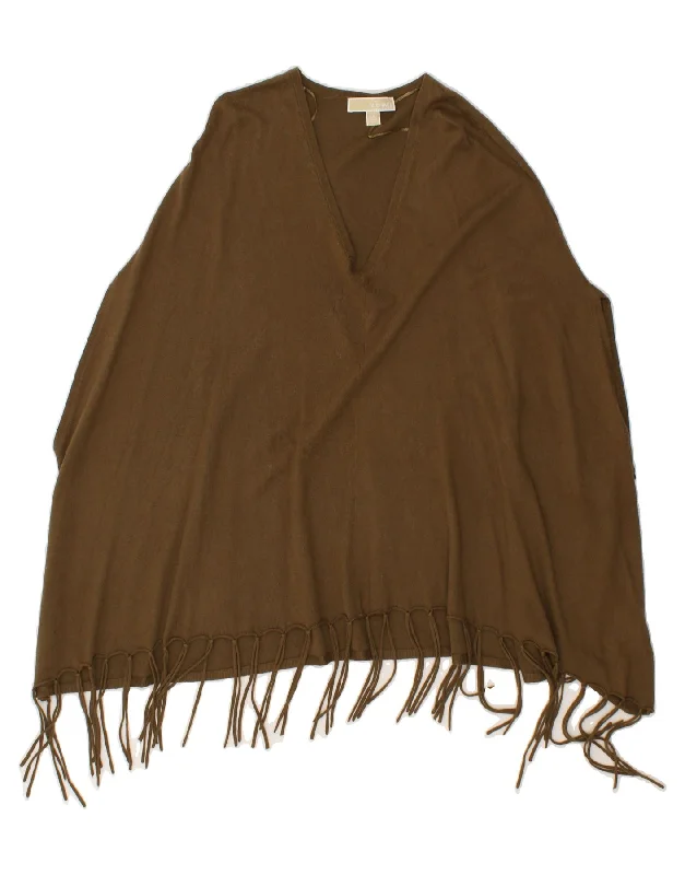 MICHAEL KORS Womens Poncho Jumper UK 10 Small Khaki Cotton Satin Blend Silk Blend Wool Blend