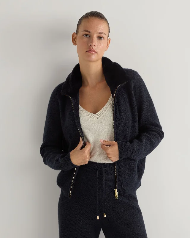 Women's Honeycomb Full Zip Cashmere Jumper With Fur Trim Navy Blue Denim Fabric Leather Fabric Suede Fabric