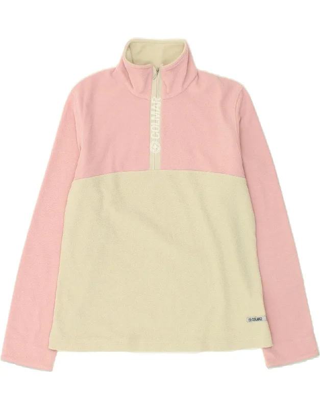 COLMAR Womens Graphic Zip Neck Fleece Jumper UK 14 Medium Pink Colourblock Toggled Drawstring Belted