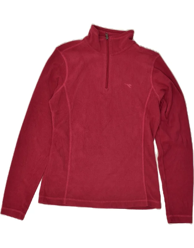 DIADORA Womens Zip Neck Fleece Jumper UK 12 Medium Burgundy Polyester Boat Neck Shawl Collar Notched Collar