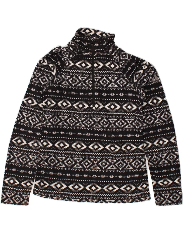 EDDIE BAUER Womens Zip Neck Fleece Jumper UK 10 Small Black Fair Isle Hooded Caped Shawl Collar