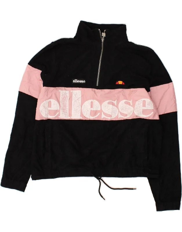 ELLESSE Womens Graphic Zip Neck Fleece Jumper UK 14 Large Black Satin Fabric Silk Fabric Chiffon Fabric