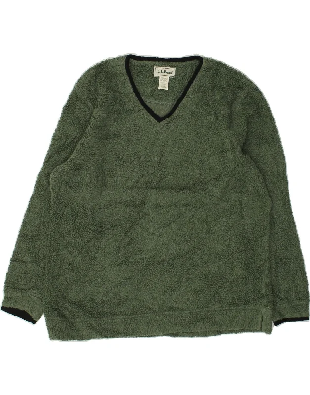 L.L.BEAN Womens V-Neck Fleece Jumper UK 14 Medium Green Polyester Solid Print Embellished