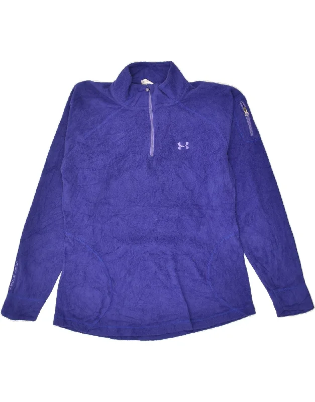 UNDER ARMOUR Womens Zip Neck Fleece Jumper UK 12 Medium Blue Polyester Lace Blend Ribbed Blend Corduroy Blend