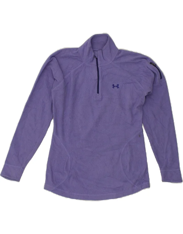 UNDER ARMOUR Womens Zip Neck Fleece Jumper UK 10 Small Purple Polyester Ribbed Striped Patterned