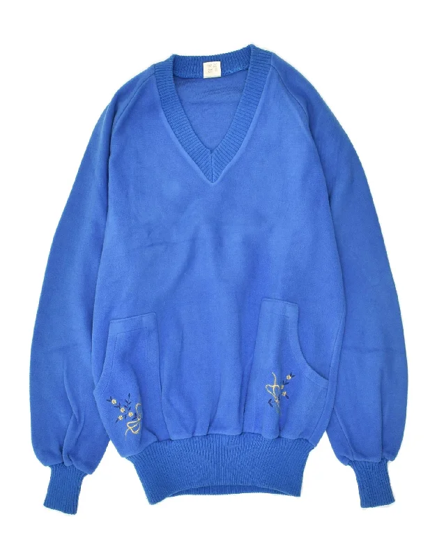 VINTAGE Womens V-Neck Fleece Jumper UK 10 Small Blue Polyacrylic Solid Print Embellished