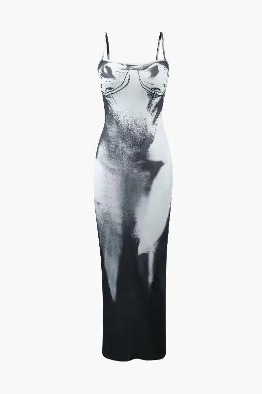 Abstract Print Back Slit Maxi Dress Elegant Maxi Dress with Pockets