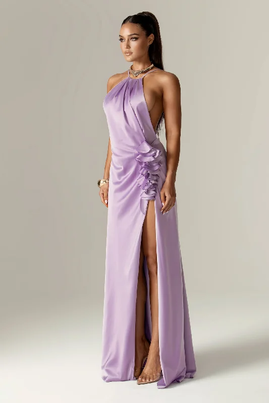 Adela 3D Flowers Thigh Slit Maxi Dress (Pastel Lilac) Trendy Fit-and-Flare Maxi Dress