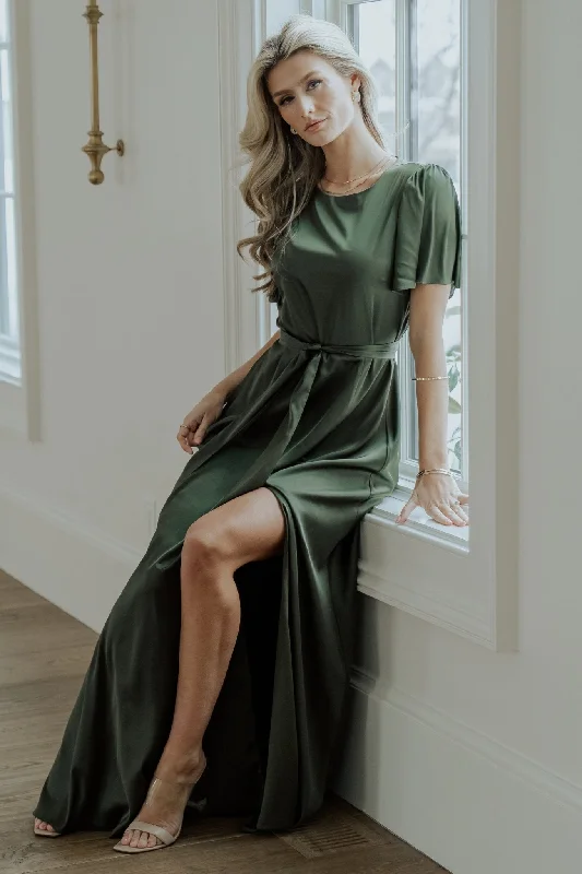 Agnes Satin Maxi Dress | Juniper Green Stylish One-Shoulder Maxi Dress